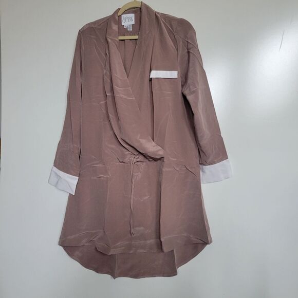 100% SILK HELENA QUINN REVOLVE TAN WHITE SHIRT DRESS TUNIC JACKET L XL NWT NEW - Picture 5 of 10